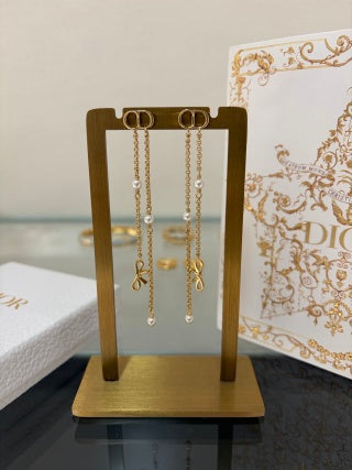 Dior Pearl Ribbon Chain Drop Stud Earrings