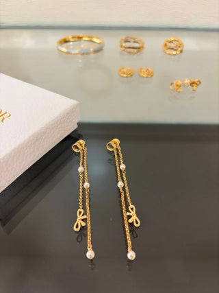 Dior Pearl Ribbon Chain Drop Stud Earrings