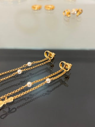 Dior Pearl Ribbon Chain Drop Stud Earrings