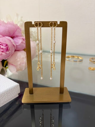 Dior Pearl Ribbon Chain Drop Stud Earrings