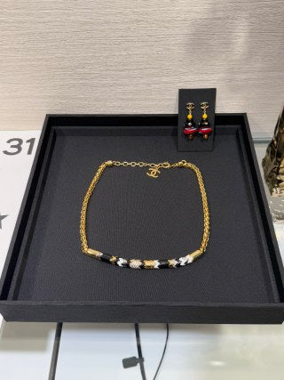 Chanel Black and Gold Enamel and Crystal Wave Short Necklace