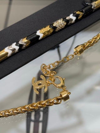 Chanel Black and Gold Enamel and Crystal Wave Short Necklace