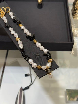 Chanel Black Enamel Double-C and Baroque Pearl Short Necklace