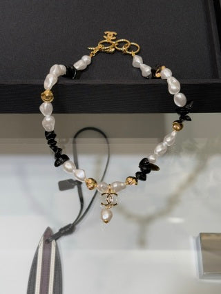 Chanel Black Enamel Double-C and Baroque Pearl Short Necklace