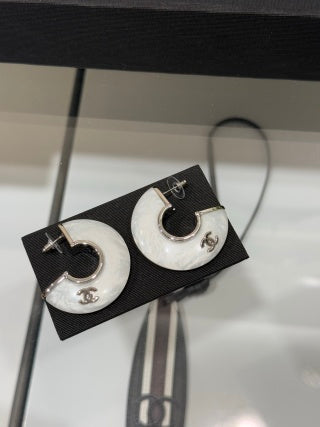 Chanel Mother of Pearl Signature Hoop Earrings