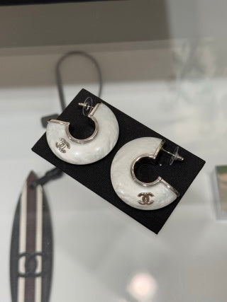 Chanel Mother of Pearl Signature Hoop Earrings