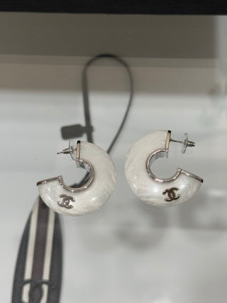 Chanel Mother of Pearl Signature Hoop Earrings