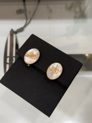 Chanel Vintage Gold-Tone Oval Clip-On Earrings with Natural Mother-of-Pearl