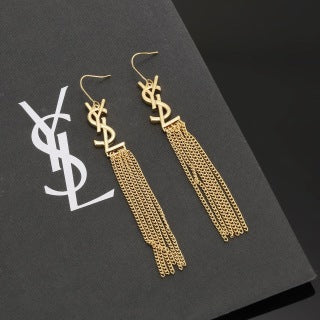 YSL Crystal Fringe Logo Cascade Earrings