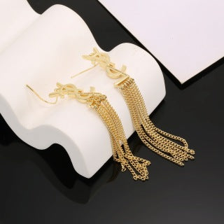 YSL Crystal Fringe Logo Cascade Earrings