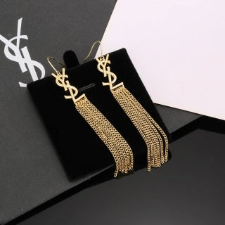 YSL Crystal Fringe Logo Cascade Earrings