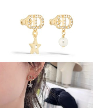 Dior CD Star Pearl Asymmetric Drop Stud Earrings