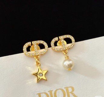 Dior CD Star Pearl Asymmetric Drop Stud Earrings