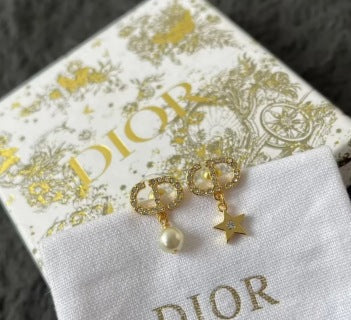 Dior CD Star Pearl Asymmetric Drop Stud Earrings