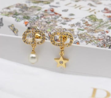 Dior CD Star Pearl Asymmetric Drop Stud Earrings