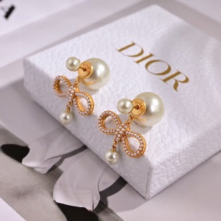 Dior Pearl Bow Crystal Stud Earrings