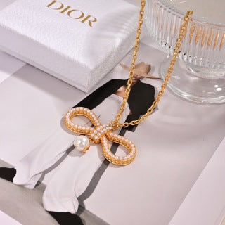 Dior Pearl Bow Crystal Pendant Necklace