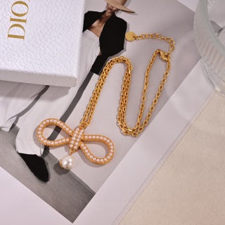 Dior Pearl Bow Crystal Pendant Necklace