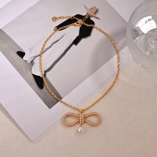 Dior Pearl Bow Crystal Pendant Necklace