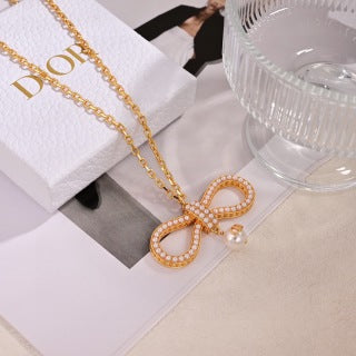 Dior Pearl Bow Crystal Pendant Necklace