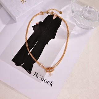 Dior CD Pearl Ribbon Layered Necklace