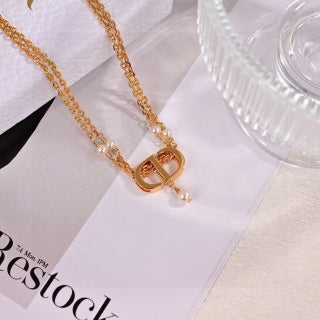 Dior CD Pearl Ribbon Layered Necklace