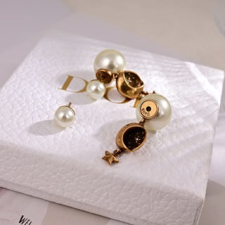 Dior Pearl Obsidian Medallion Drop Stud Earrings