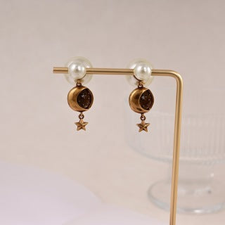 Dior Pearl Obsidian Medallion Drop Stud Earrings