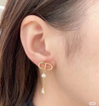 Dior CD Pearl Crystal Chain Drop Stud Earrings