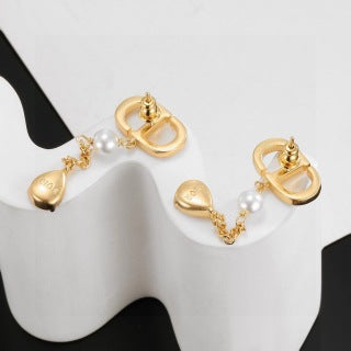 Dior CD Pearl Crystal Chain Drop Stud Earrings