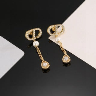 Dior CD Pearl Crystal Chain Drop Stud Earrings