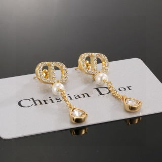 Dior CD Pearl Crystal Chain Drop Stud Earrings