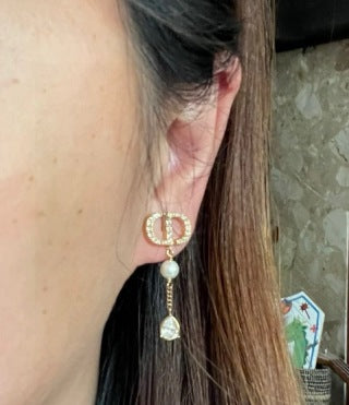 Dior CD Pearl Crystal Chain Drop Stud Earrings