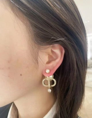Dior Pearl CD Crystal Drop Stud Earrings
