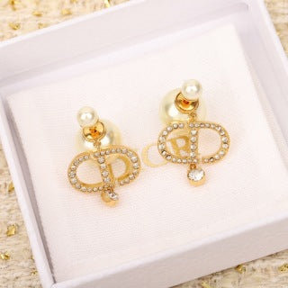 Dior Pearl CD Crystal Drop Stud Earrings