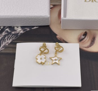 Dior Star Flower Asymmetric CD Drop Stud Earrings