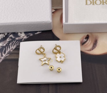 Dior Star Flower Asymmetric CD Drop Stud Earrings