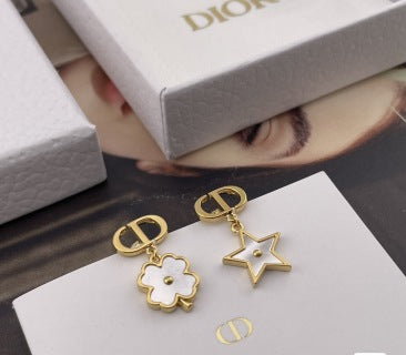 Dior Star Flower Asymmetric CD Drop Stud Earrings