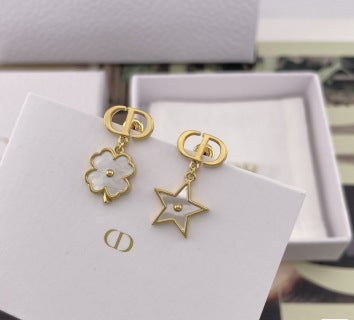 Dior Star Flower Asymmetric CD Drop Stud Earrings