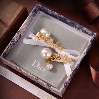 Dior J'Adior Pearl Script Drop Stud Earrings