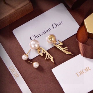 Dior J'Adior Pearl Script Drop Stud Earrings