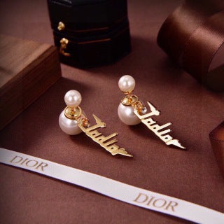 Dior J'Adior Pearl Script Drop Stud Earrings