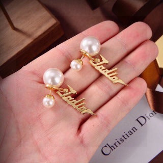 Dior J'Adior Pearl Script Drop Stud Earrings