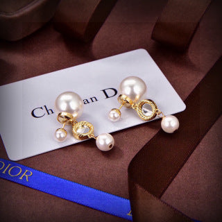 Dior Pearl Crystal Medallion Drop Stud Earrings