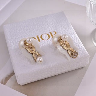 Dior Butterfly Pearl CD Drop Stud Earrings