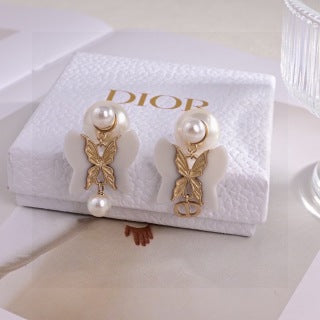 Dior Butterfly Pearl CD Drop Stud Earrings