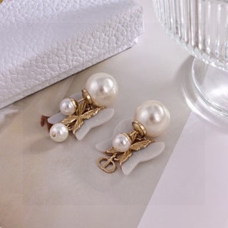 Dior Butterfly Pearl CD Drop Stud Earrings
