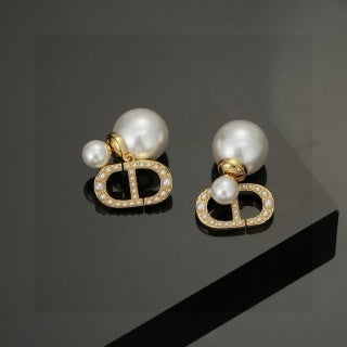 Dior Pearl CD Crystal Medallion Stud Earrings