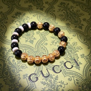 Gucci Interlocking G Onyx Pearl Bead Medallion Bracelet