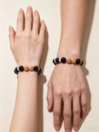 Gucci Interlocking G Onyx Pearl Bead Medallion Bracelet